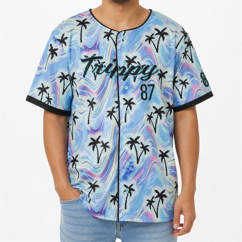 Rue21 Trippy Shirt Mens XL Multicolor Palm Tree Button Up 87 Baseball Jersey Top